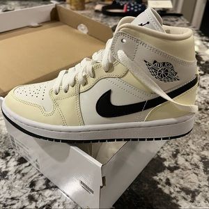 Womens Nike Jordan mid 1 coconut milk/black size 6 brand new in box